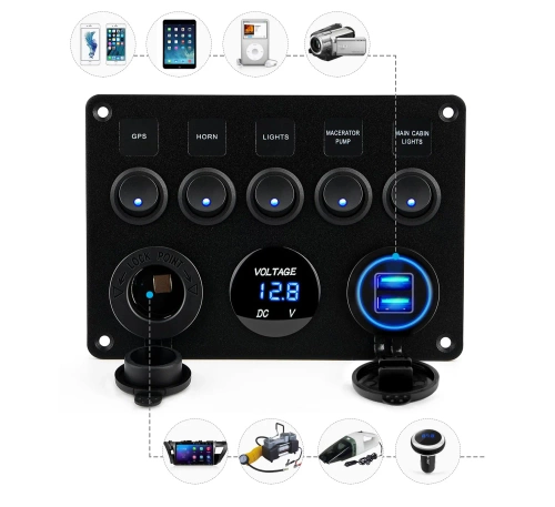 Control panel 12V 24V IP65 with USB | Control panel with illuminated switches | Dual USB charger 2.1 A / 5 V | Cigarette lighter socket 12V