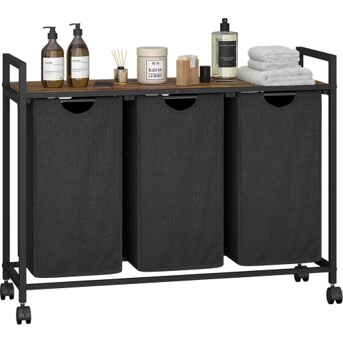 MZ-B30-BLACK | Laundry basket with shelf | Three-compartment laundry basket | Laundry basket with wheels