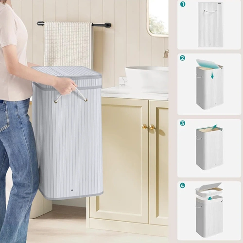 UYL-80L-BLANC | Panier à linge blanc | Conteneur de jouets en bambou | Panier à vêtements en bois | Panier à linge à un compartiment pour la salle de bain