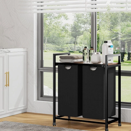 MZ-B20-NOIR | Panier à linge avec étagère | Panier à linge à deux compartiments | Panier à linge à roulettes