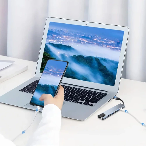 HUB | USB-C elosztó 2x USB-A + 2x USB-C + SD + TF kártyákhoz + HDMI + LAN | adapter, osztó típus C 8in1