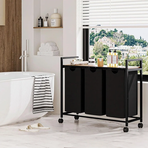 MZ-B30-BLACK | Szennyes kosár polccal | Háromrekeszes szennyeskosár | Kerekes szennyeskosár