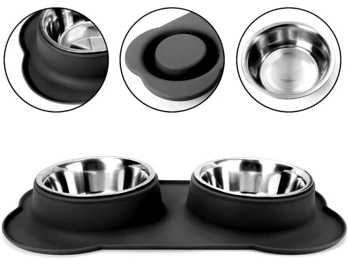 SBL-292-ZWART | Dubbele voerbak | Kom met siliconen antislipmat | Set van twee metalen kommen