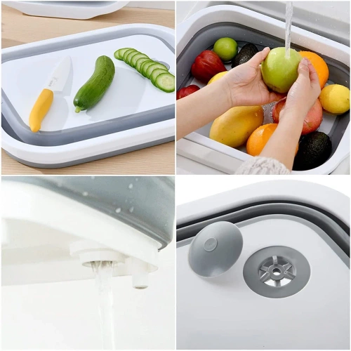 ZXS-398-GRAY | Foldable bowl with drain | Camping bowl | Bowl with cutting board