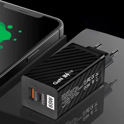 GaN | 65W fast wall charger with USB and USB-C PD 3.0 ports