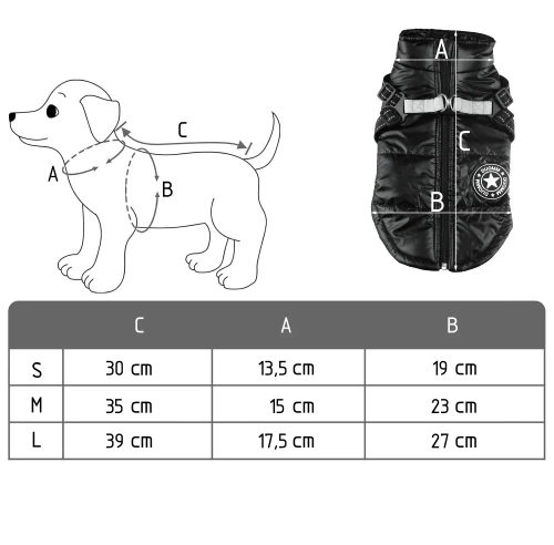 Dog winter jacket with integrated harness | size S | warm waterproof dog clothing | PET-017XS-BK