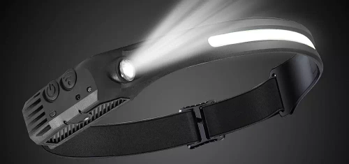 LED-Stirnlampe mit Bewegungssensor | 2 Lichtquellen: COB + XPE | 1.200 mAh, IPX4, 500 lm | HWL-006