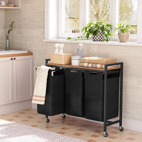 MZ-B30-BLACK | Laundry basket with shelf | Three-compartment laundry basket | Laundry basket with wheels