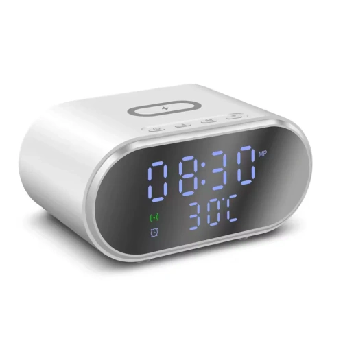 Intelligenter Wecker mit Qi 15 W kabelloser Ladestation | Wecker mit drei Alarmzeiten | Uhr mit Temperaturanzeige | SZ06-15W-W