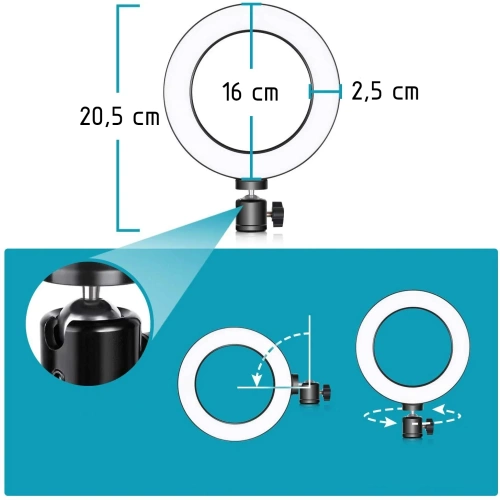 Luce ad anello LED da 16 cm con treppiede da 25 cm | Kit compatto per trucco, streaming e fotografia |