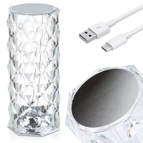 RPL-C03-W | Stolní křišťálová LED lampa | vzor růže | 3 barvy světla, dotykový panel, USB-C kabel, 2000 mAh baterie