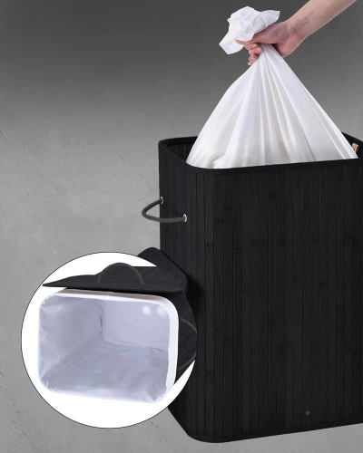 ZYL-100L-NEGRO | Cesta de lavandería negra | Contenedor de juguetes de bambú | Cesta de ropa de madera | Cesto de ropa sucia de dos compartimentos para el baño.