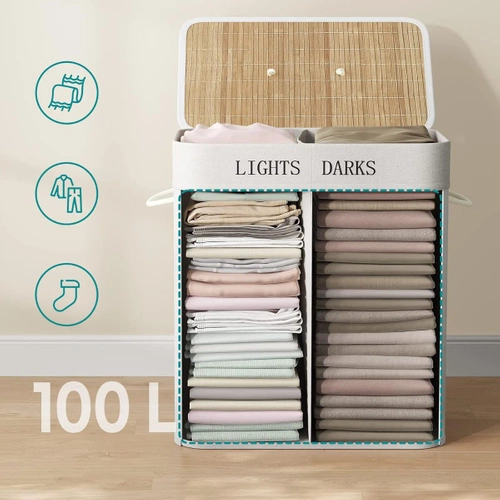 ZYL-100L-LIBR | Cesto de roupa suja natural | Recipiente de brinquedo de bambu | Cesto de roupa em madeira | Cesto de roupa suja com dois compartimentos para banheiro