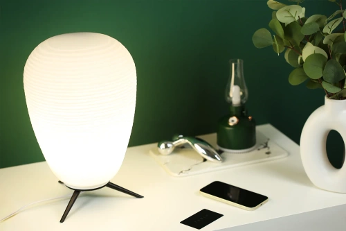 CSD-C2440-W | Lampa de masa cu abajur din sticla | Lampă de noptieră modernă | Lanternă pe bază metalică