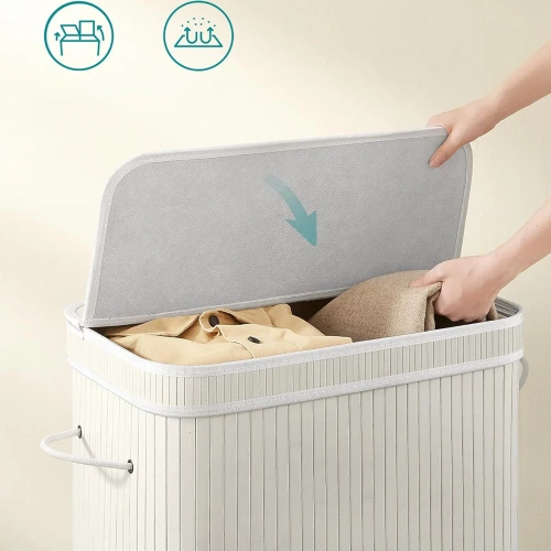 RYL-100L | Panier à linge blanc | Conteneur de jouets en bambou | Panier à vêtements en bois | Panier à linge à deux compartiments pour la salle de bain