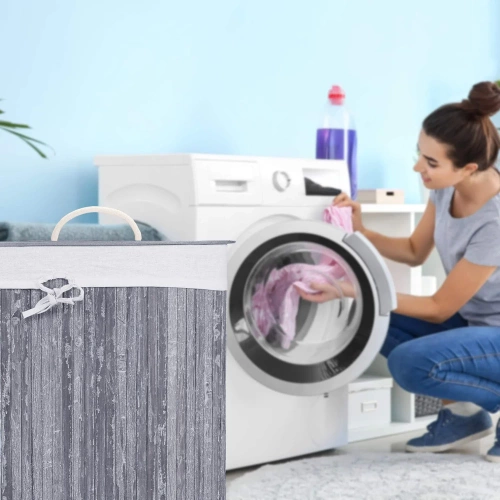 AYL-60L-GRIS | Cesto de ropa gris | Contenedor de juguetes de bambú | Cesto para la ropa de madera | Cesto para la ropa sucia de un compartimento para el baño | Cesta de esquina