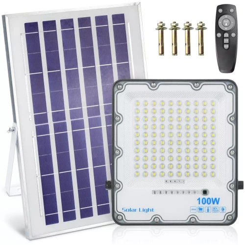 LED-Flutlicht Set | 100 W + Solarpanel 6 V/8 W mit Fernbedienung | 2.500 lm, 6.000 mAh, IP66