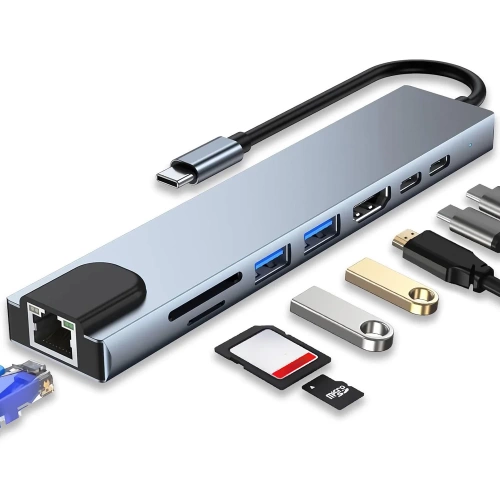 HUB | USB-C til 2x USB-A + 2x USB-C + SD + TF-kort + HDMI + LAN-splitter | adapter, type C 8in1 splitter