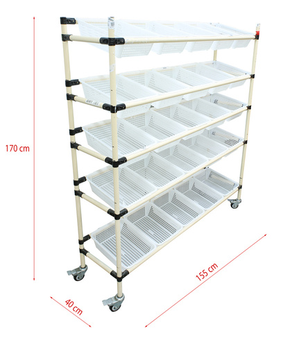 Lagervogn 155x170x40 til emballering af varer | 25 kurve, hver 39x30x11 cm | bæreevne 75kg | metal struktur