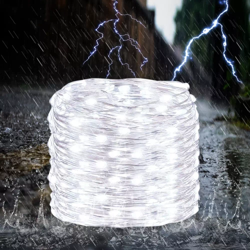 FLD-100LED-WC | Сонячна гірлянда, садовий світильник | 100 світлодіодів, 10м | холодний білий