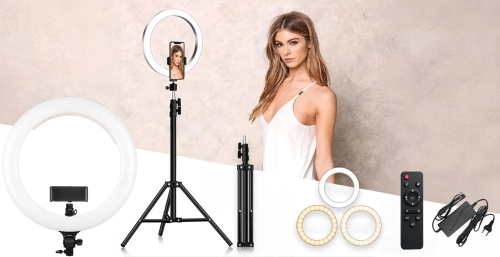 Lampă inelară profesională | 45 cm | cu stativ 210 cm | set iluminat pentru machiaj sau streaming | RL-480 2 în 1