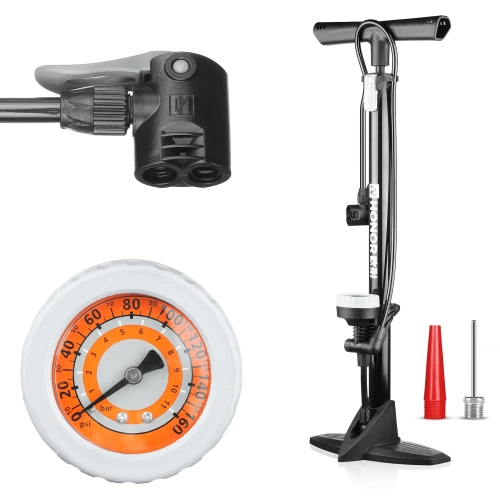 Pompe à vélo stationnaire avec manomètre et adaptateurs pour Presta, Schrader et Dunlop | Pompe à pied universelle | ZY-6138B