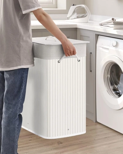 ZYL-100L-BLANC | Panier à linge blanc | Conteneur de jouets en bambou | Panier à vêtements en bois | Panier à linge à deux compartiments pour la salle de bain