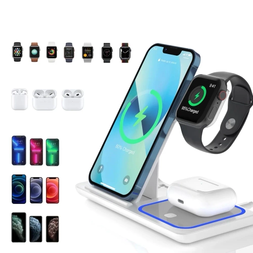 Modelo MD-DK15-15W-W | Cargador inalámbrico plegable | Estación de acoplamiento para iPhone. Apple Watch y AirPods