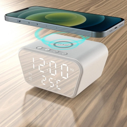 Réveil intelligent avec chargeur sans fil Qi 15 W | Réveil avec trois alarmes | Montre avec affichage de la température | SZ01-15W-W