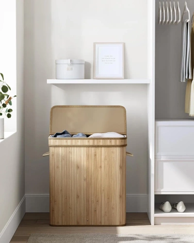 RYL-100L-LIBR | Coș de rufe din lemn natural | Recipient de jucării din bambus | Coș de haine din lemn | Cos de rufe cu doua compartimente pentru baie