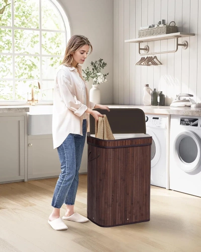 UYL-80L-DABR | Bruine wasmand | Bamboe speelgoedcontainer | Houten kledingmand | Wasmand met één compartiment voor de badkamer