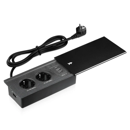Zásuvka do pracovní desky zapuštěná s posuvným krytem | dvojitá elektrická zásuvka s USB PD nabíječkou | černá | JX-S328-BLACK