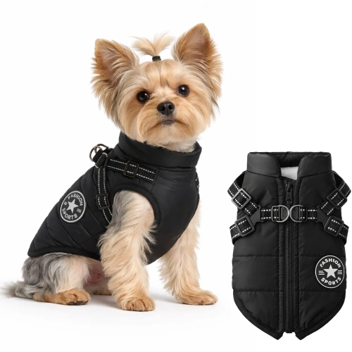 Giacca invernale per cane con pettorina | taglia M | nero | PET-016M-BK