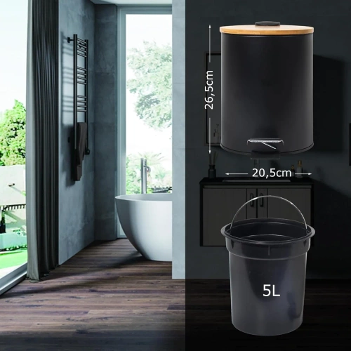 GY-TB5L | Pattumiera da bagno | rotondo, copertura in bambù, pedale | 5 litri, nero