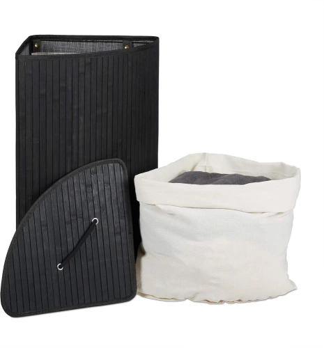 AYL-60L-NERO | Cesto per la biancheria nero | Contenitore per giocattoli in bambù | Cesto portabiancheria in legno |. Cesto portabiancheria a scomparto singolo per il bagno | Cestino angolare