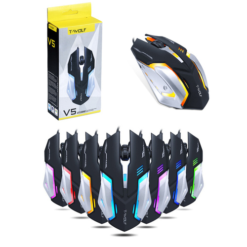 V5 | Mouse pentru computer pentru jocuri, cu fir, optic, USB | Iluminare de fundal LED RGB | 800-2400 DPI, 4 butoane