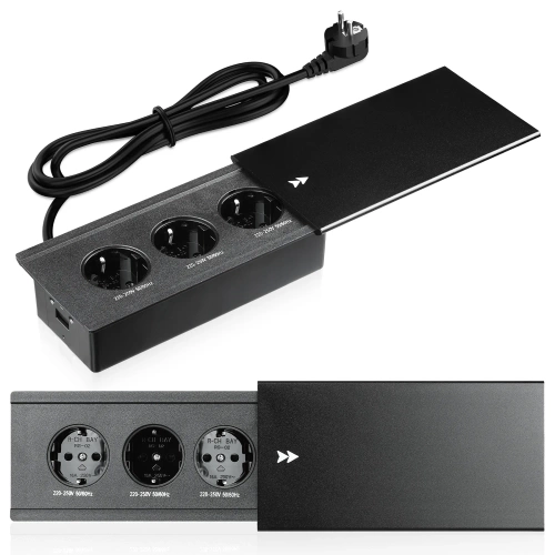 Prise encastrable de bureau avec couvercle coulissant | double prise de courant avec chargeur USB PD | noir | JX-S329-BLACK