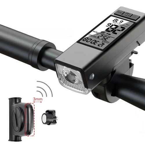 3-v-1 LED svetlo na bicykel 450 lm | Počítač, ktorý meria rýchlosť, vzdialenosť a čas | Silné osvetlenie so zvukovým signálom | MBLBD-3201