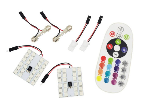 RGB LED skydelio rinkinys | 2 LED plokštės 24 SMD 5050 RGB | Spalvotas nuotolinio valdymo pultas | C5W ir W5W adapteriai