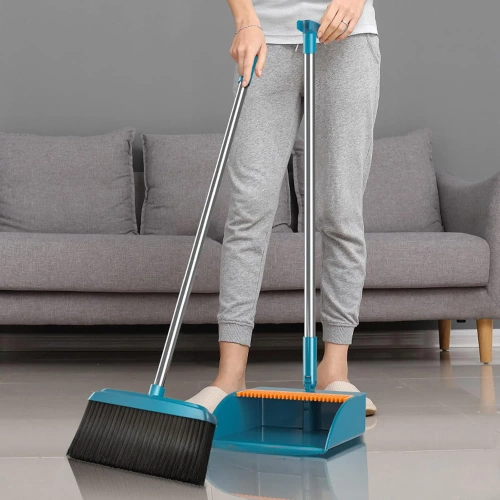 Schoonmaakset met bezem en stoffer en blik op lange steel | Bezem met draaibare kop en opvouwbare stoffer en blik | FBS-2in1-Blauw