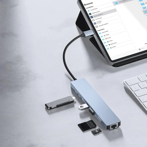 HUB | USB-C naar 2x USB-A + 2x USB-C + SD + TF-kaart + HDMI + LAN-splitter | adapter, type C 8in1 splitter