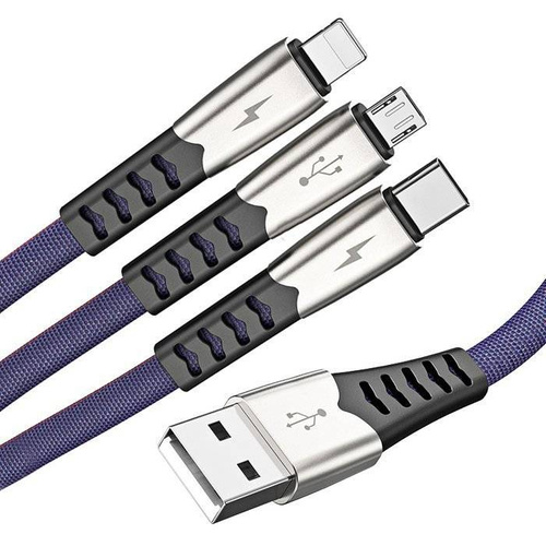 UC-009 | 3in1 1M | Sustiprintas USB laidas, skirtas telefonui „trys viename“ – „Micro USB“, „Type-C“, „Lightning“ („iPhone“)