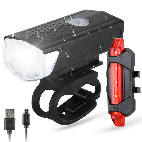 Set of LED bicycle lamps for the front and rear of the bicycle | XME CREE LED 3W, 300lm, 3 light modes, 800mAh battery | 5 LEDs, 7 lighting modes, 15 lm, built-in rechargeable battery