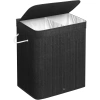 RYL-100L-NEGRO | Cesta de lavandería negra | Contenedor de juguetes de bambú | Cesta de ropa de madera | Cesto de ropa sucia de dos compartimentos para el baño.