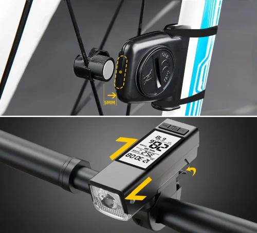 Lampă de bicicletă LED 3 în 1 450 lm | Computer care măsoară viteza, distanța și timpul | Iluminare puternică cu semnal sonor | MBLBD-3201