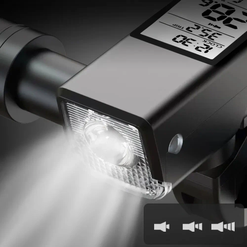 Luz de bicicleta LED 3 em 1 de 450 lm | Computador que mede velocidade, distância e tempo | Iluminação potente com sinal sonoro | MBLBD-3201