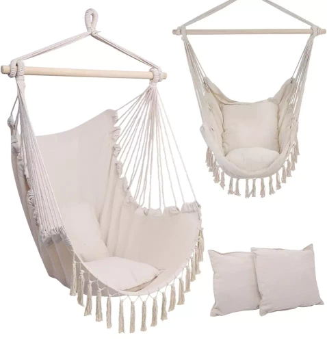 ZY-V004 | Hangstoel, Braziliaanse stoel, hangmat, schommel | twee kussens, houten hoofdband | tot 120kg | beige