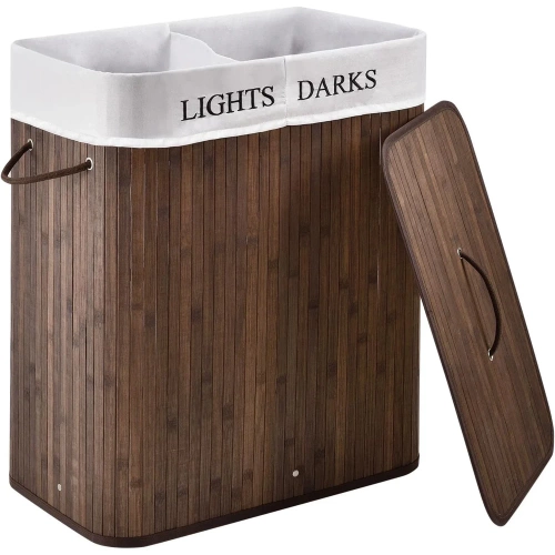 Wäschekorb | 100 l | zweigeteilt, aus Bambus und Holz, geeignet als Spielzeugbox oder Wäschesammler für Bad | braun | ZYL-100L-DABR