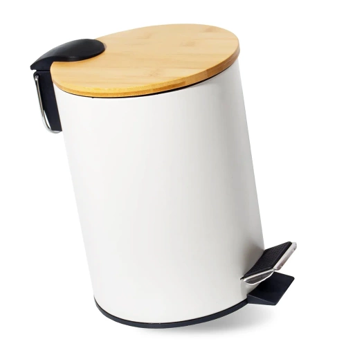 GY-TB3L | Bathroom waste bin | round, bamboo cover, pedal | 3 liters, white