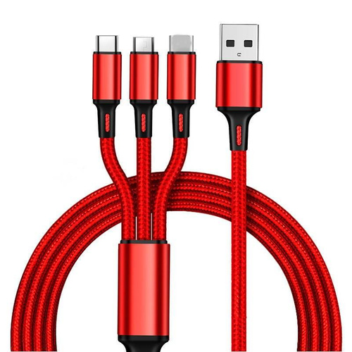 UC08-1.2M-3in1-Vermelho | Cabo 3 em 1 | USB - Micro USB, iPhone Lightning, Tipo C